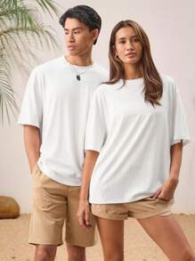 Manfinity VCAY Unisex Casual Jacquard Knit High-Stretch Loose Drop Shoulder Round Neck Short Sleeve Plain T-Shirt, Suitable For Everyday Wear