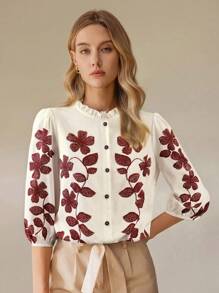 SHEIN Clasi Women's Floral Pattern Frill Sleeve Single-Breasted Blouse - Burgundy - View 5