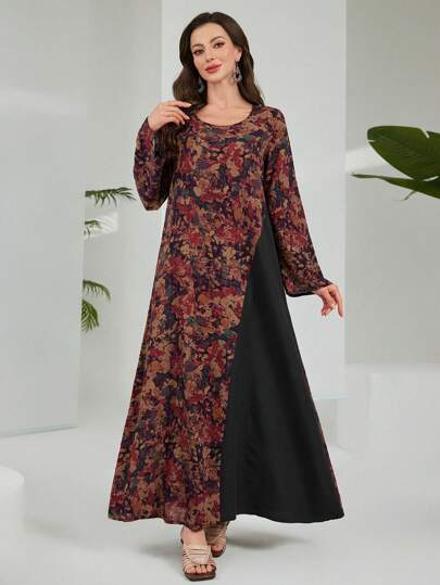 Al Najma Vestito lungo casual da donna, con stampa floreale tradizionale, oversize e conservativo, con contrasto di colori, adatto per primavera e autunno