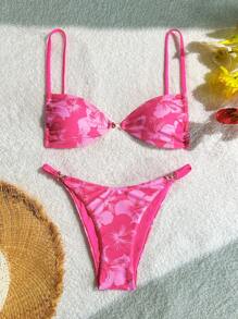 Swim Mod Floral Print Underwire Spaghetti Strap Bikini Swimwear For Summer Beach Vacation - Pink - View 1