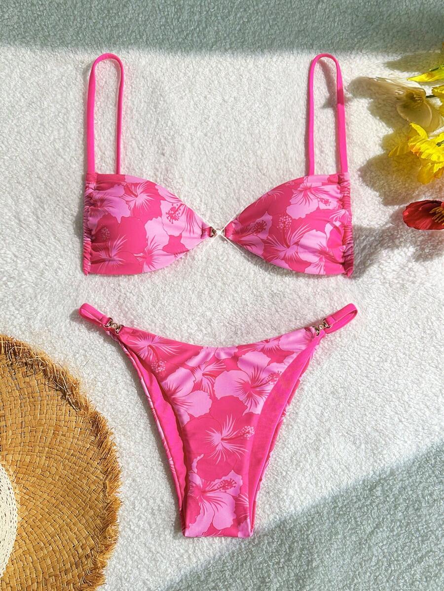 Swim Mod Floral Print Underwire Spaghetti Strap Bikini Swimwear For Summer Beach Vacation - Pink - View 1