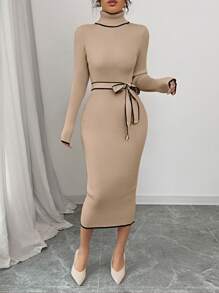 Elenzga Women Elegant High Neck Fitted Ribbed Texture Bowknot Pullover Sweater Dress - Khaki - View 7