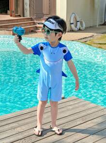 SHEIN Leap Crew 1pc Children's Colorblock Cartoon Shark Print Swimsuit, Casual & Cute, Suitable For Young Boys & Girls, Suitable For Beach, Vacation, Swimming, Water Play, Spring/Summer/Autumn/Winter - Multicolor - View 1
