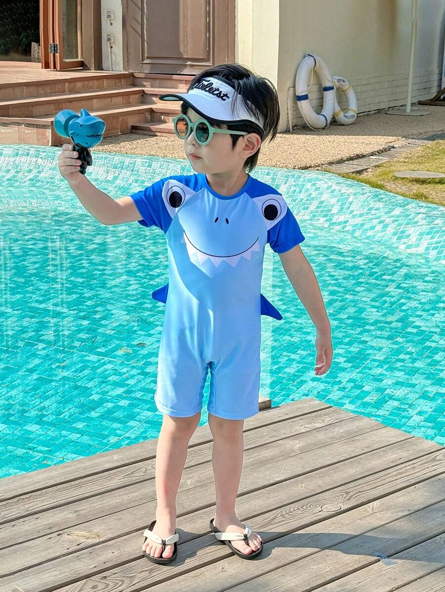 SHEIN Leap Crew 1pc Children's Colorblock Cartoon Shark Print Swimsuit, Casual & Cute, Suitable For Young Boys & Girls, Suitable For Beach, Vacation, Swimming, Water Play, Spring/Summer/Autumn/Winter - Multicolor - View 1