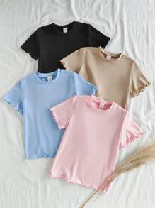 SHEIN Young Girl Casual Simple Solid Short Sleeve T-Shirt, Cute Top