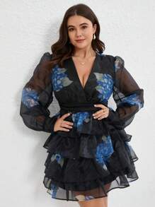 GENKIRA Plus Size Hydrangea Floral Print V-Neck Ruched Puff Sleeve Long Sleeve Romantic Elegant Sweet Tiered Cake Midi Dress - Multicolor - View 3