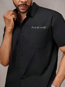 Manfinity VCAY 大码男士街头时尚印花黑色短袖编织衬衫 - 黑色 - 查看 3