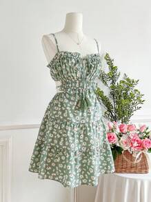 SHEIN VCAY Đầm mini hở eo in họa tiết spaghetti cho nữ, trang phục mùa hè cho nữ - màu xanh lá - Xem 5