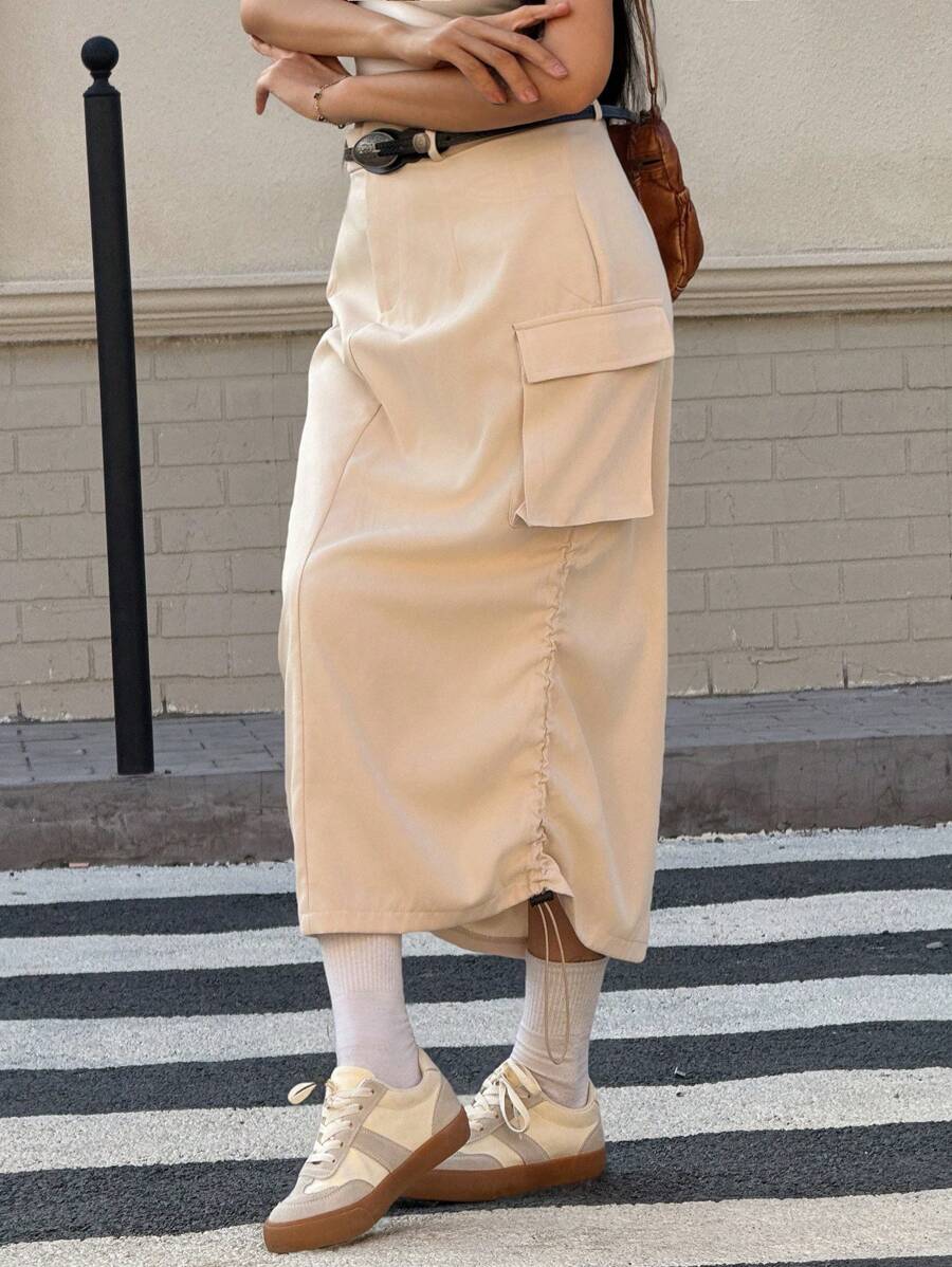 INAWLY Solva Women's Solid Color Utility Pockets Straight Long Casual Skirt Fall Cloth For Women - Khaki - View 1