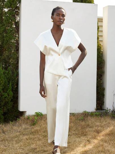 Aveloria Modichic Chic Commuter Outfit Set: Wide Strap Silhouette Glossy Satin One-Button Asymmetric Hemline Short Sleeve Shirt Paired With Straight Leg Wide Strap Pants For Women