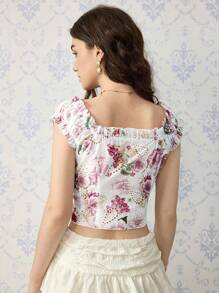 SHEIN MOD Blusa romântica com estampa floral feminina, roupa de show feminina, estilo old money feminino, roupas rave, roupas de praia para mulher, tops de verão - Multicolorido - Ver 2
