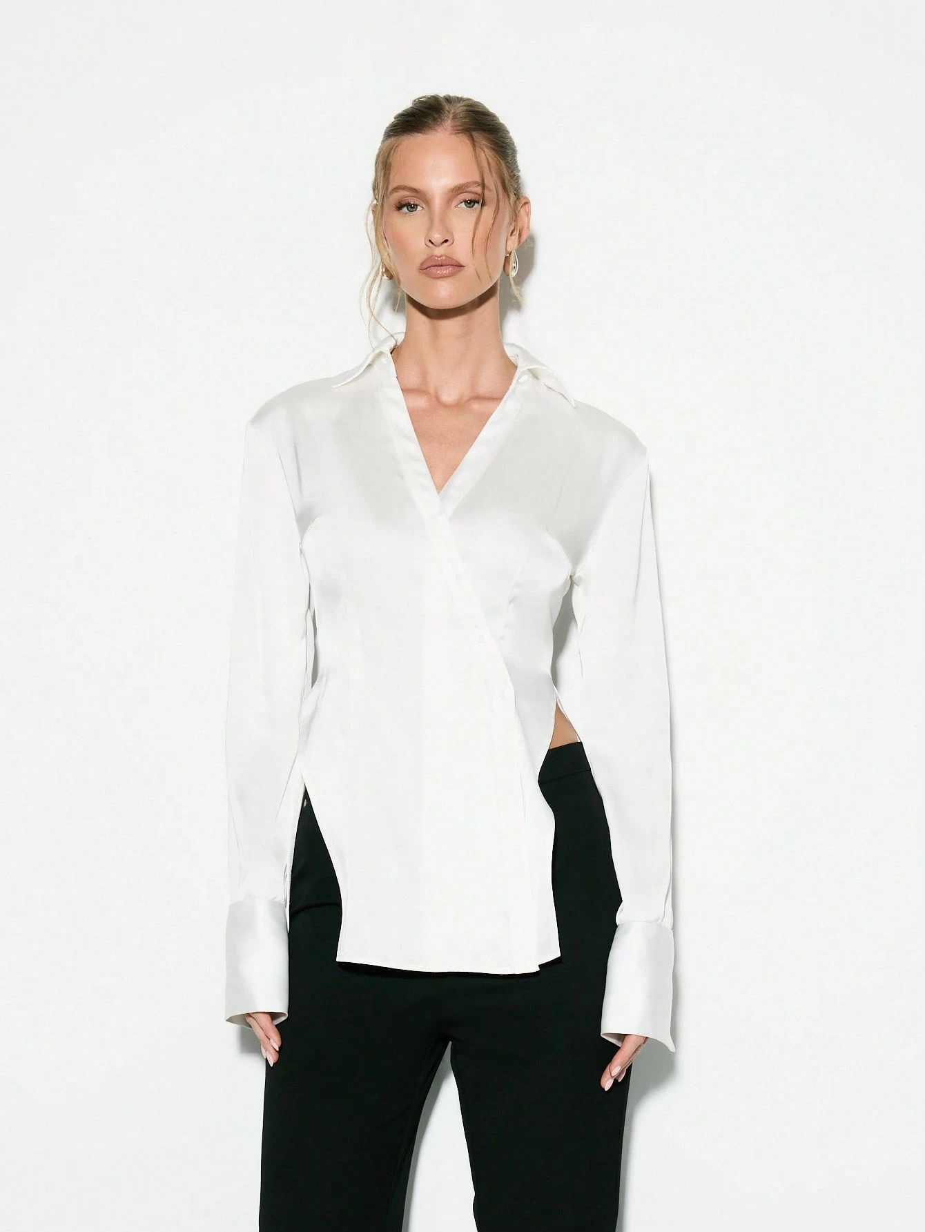 KIZN Sophisticated Asymmetric Wrap Collared Blouse