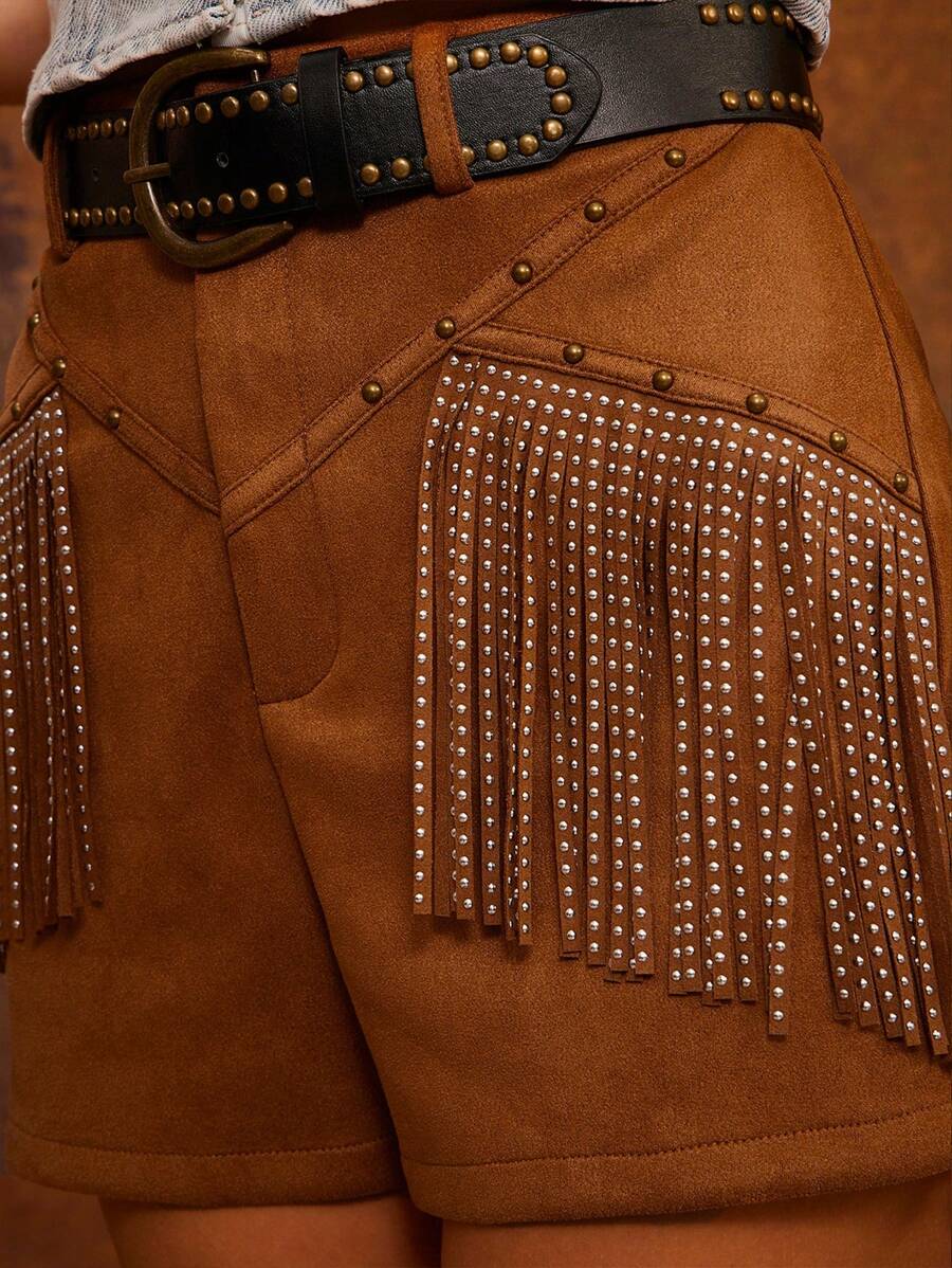 WESTFADE 中腰仿麂皮西部铆钉流苏节日短裤纳什维尔风格短裤