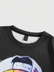 ROMWE MEN Anime 男士动漫印花 T 恤，适合日常穿着，春夏季 - 黑色 - 查看 3