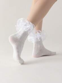 ROMWE Kawaii Women Solid Color Lace Trim Cute Mid-Calf Socks - White - View 4