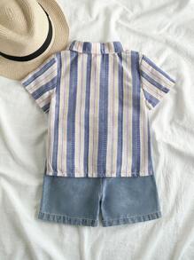 SHEIN Vintaside Kids Baby Boy Casual Outfit Set: Collared Short Sleeve Striped Shirt With Washed Denim Shorts, Suitable For Spring/Summer Wear, Home, Vacation, Gathering, Providing Comfortable And Fashionable Look - Multicolor - View 2