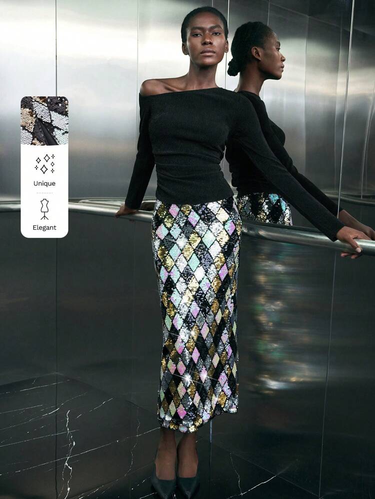 SHEIN Maija Women's Colorful Geometric Sequin Fabric Elastic Waist Side Invisible Zipper Slit Fitted Skirt, Elegant & Fashionable, Suitable For Vacation Easter Beach Summer Holiday Beach Vacation Summer Going Out Graduation Elegant Women's Blouses Casual Blouse For Women Formal Attire For Women Office Wear Women Business Casual Holiday Beach Cruise Travel  Romantic, Fashion, Versatile; Suitable For Summer Vacation, Comfortable, Bohemian Style, Beach Wear, Simple Daily Wear, Country Style, Essential, Solid Color, Holiday Casual, Decent, Single Lady,