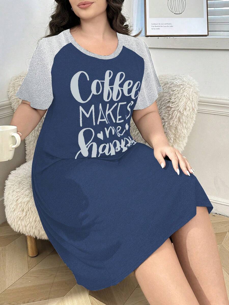 SHEIN Plus Size Letters Print Contrast Color Dropped Shoulder Short Sleeve Nightgown - Blue - View 1