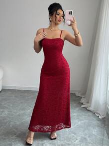 Elenzga Women's Fitted Lace Dress With Mermaid Hemline - Burgundy - View 6