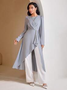 Veilorie Women's Bubble Sleeve Patchwork Ruffle Hem Arabian Style Blouse Top - Grey - View 1