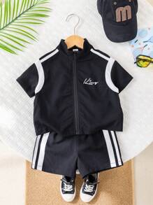 SHEIN Babyboy/Babygirl Colorblock Casual Sports Short Sleeve Jacket With Elastic Waist Colorblock Shorts Set, Summer