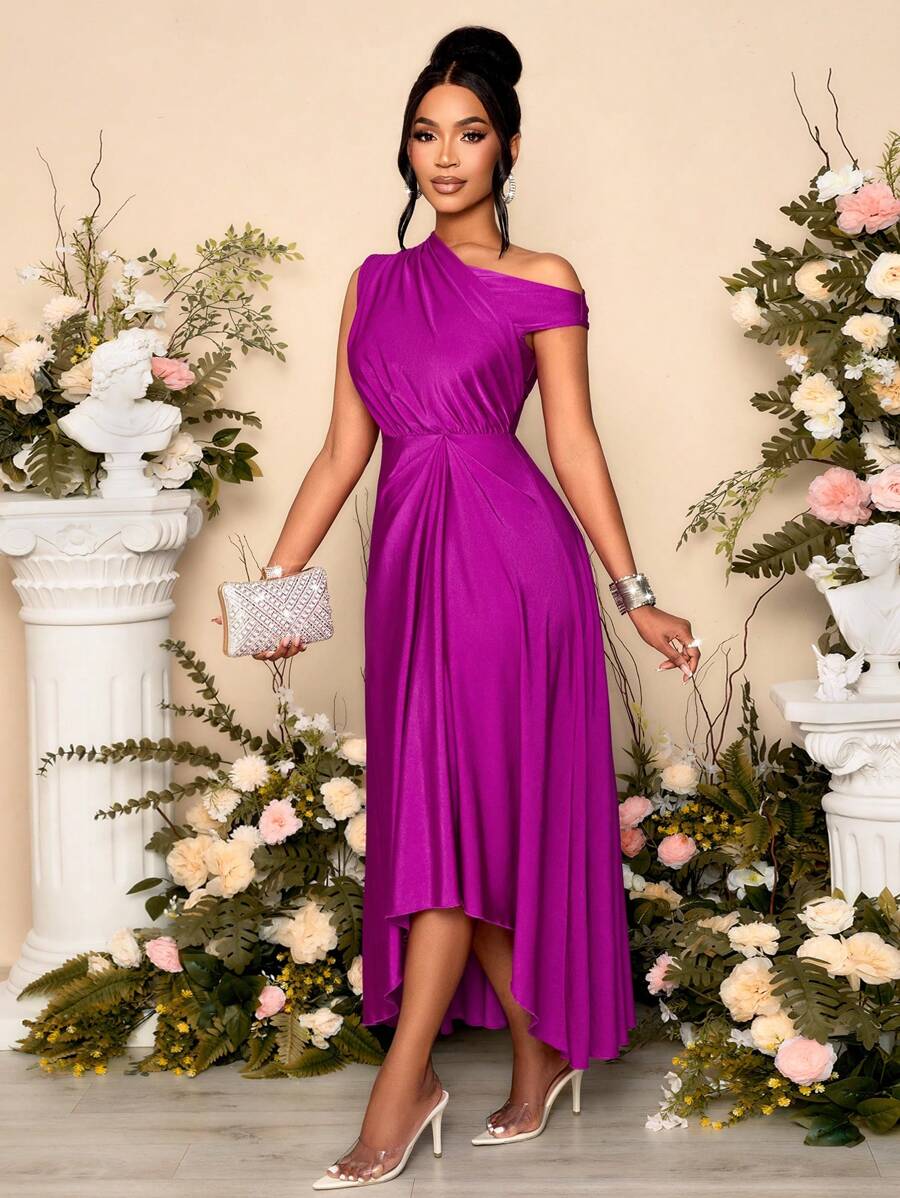 SOLERSUN 女式春夏时尚优雅约会派对紫色弹力针织舒适褶皱细节垂坠连衣裙不对称领口不对称下摆开衩长裙 - 紫色 - 查看 1