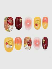 ROMWE Kawaii 10pcs Flower Pearl Handmade Artificial Nails + 3 Sheets Double-Sided Adhesive, Removable Line Drawing Manicure Stickers, High Quality Rhinestone & Glitter Gradient Nail Decorations, Suitable For Holidays, Parties, Dancing And Everyday Wear