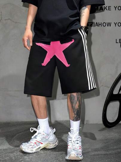 Anime شورت كاجوال بسيط بخطوط ملون للرجال، طراز بسيط للاستخدام اليومي الترفيهي