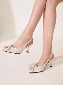 CUCCOO CHICEST Women's Pointed Toe Kitten Heel Mule Pumps With Metal Buckle Tassel Decor, Classic Apricot Color, Elegant And Charming Style For Work, Formal Occasions, Valentine's Day, And Romantic Dates Spring Break Easter Prom Heels