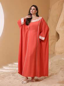 Al Najma 女式露肩长袖束腰长袍，带蕾丝下摆，土耳其和阿拉伯传统风格，春夏 - 橘色 - 查看 8