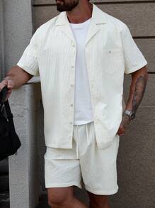 Manfinity Homme Plus Size Men's Simple Casual Short Sleeve Shirt And Shorts Set, Fashionable For Daily Wear - Beige - View 5