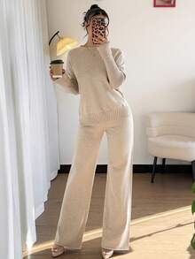 Firerie 秋冬优雅休闲燕麦色卡其色高领宽松针织毛衣直筒裤两件套 - 卡其色 - 查看 5