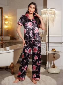 LuxeNights Damen 2-teiliges Pyjama Set mit Farbblockprint, Blumenmuster, Fake-Seide-Kragen und Kurzarmhemd sowie langer Hose