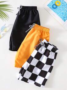 SHEIN Leap Crew 3pcs Young Boys Casual, Fashion, Practical, Cute, Soft And Comfortable Solid Black, Orange And Checkerboard Shorts, Suitable For Vacation, Daily Wear, School, Travel, Sports, Spring/Summer - Multicolor - View 5