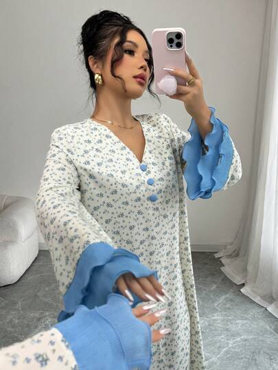 Yasmyna 女式编织花卉印花蕾丝拼布纽扣宽松长袖阿拉伯连衣裙，端庄