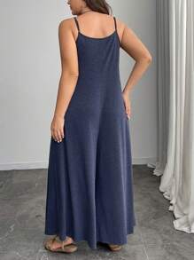 SHEIN LUNE Plus Size Women Spring/Summer Floral Jumpsuits, Casual Chinese Style Leisure Vacation Outfits Suitable For St. Patrick's Day, Easter, Party, Hanging Out, Spring/Summer - Dusty Blue - View 2