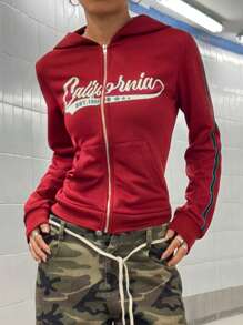 StreetHx Slim Fit Zippered Hoodie Jacket, Retro American Style Women Outerwear Graduation,Back To School,Graduation,Teacher For Women,Back To School Pullover Fall Sweatshirt - Burgundy - View 4