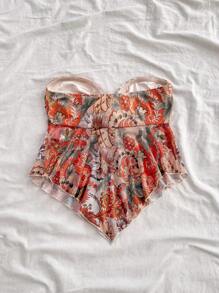 Soleia 女士夏季假日针织复古印花褶皱系带前短款上衣，下摆不对称，适合派对、音乐节、下午茶