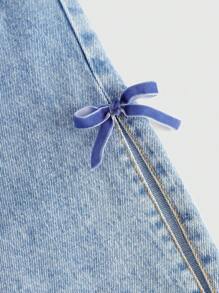 SHEIN Teen Girl Bow Accent Wide Leg Jeans For Teen Girls, Blue,Kid Girls Spring And Summer Casual Vacation Boho Homewear - Light Wash - View 4
