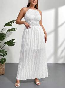 Firerie Set de 2 piezas para talla grande: Top de camiseta sin mangas de tela texturizada blanca y transparente con tirantes y falda larga holgada con opción de lazo y forro interior, elegante y apropiado para vacaciones, tardes de té, citas, conciertos, fiestas, estilo retro escolar, sesiones de fotos en la playa.