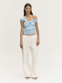 Nöista Cross Chest Top Ruched Off Shoulder Bardot, Perfect For Casual Outings! - Blue - View 4