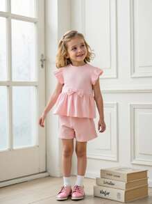 Souflis Souflis 2pcs Girls Casual Round Neck Pullover + Cinched Waist Straight Leg Shorts Sports Set, Bow Decor, Spring/Autumn - Pink - View 1