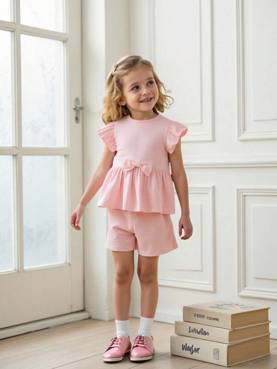 Souflis Souflis 2pcs Girls Casual Round Neck Pullover + Cinched Waist Straight Leg Shorts Sports Set, Bow Decor, Spring/Autumn - Pink - View 1