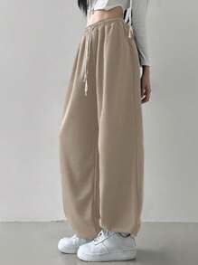 DAZY 女式纯色休闲抽绳腰口袋设计运动裤，女式慢跑运动裤 - 杏色 - 查看 2