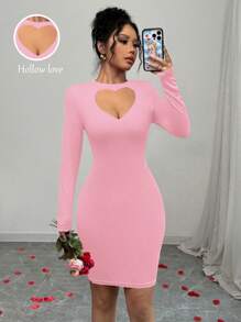 Elenzga Women's Solid Color Round Neck Long Sleeve Simple Hollow Heart Casual Short Mini Dress - Pink - View 1