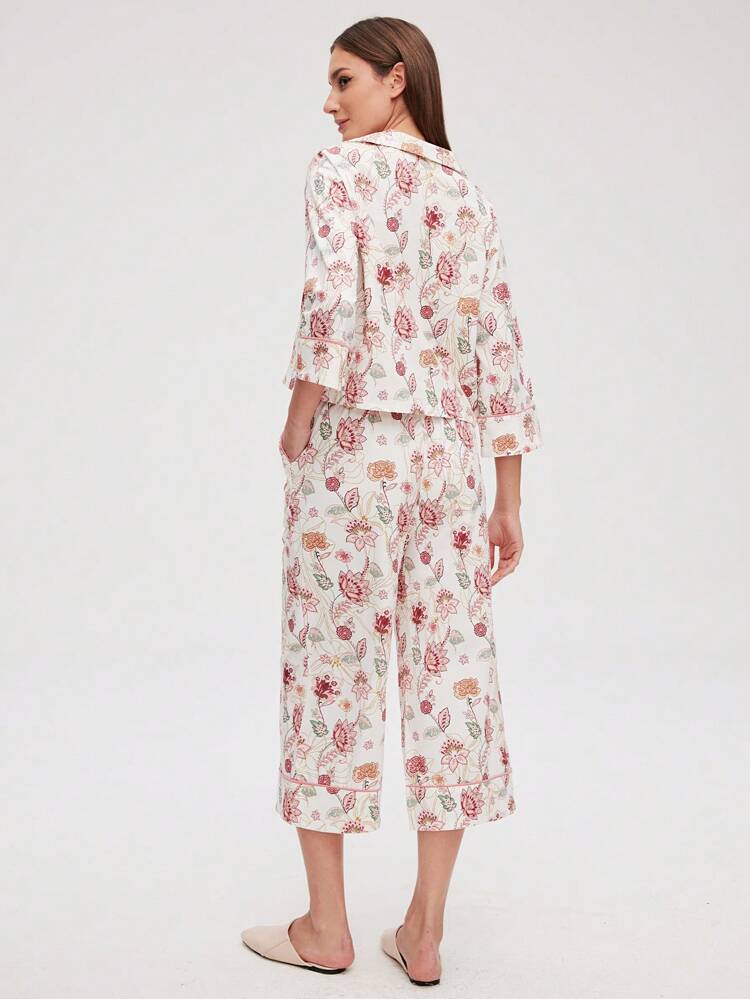 Cotton Floral Print Button-Up Top & Pants PJ Set