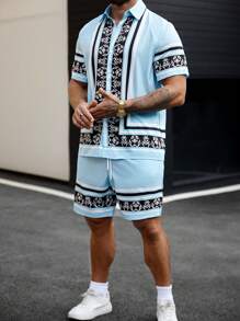 Manfinity Homme Plus Size Heren Korte Mouw Shirt En Shorts Set, Effen Kleur Met Knoopsluiting