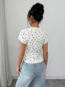 Elenzga Women's Cropped Regular Shoulder Sweet Versatile Round Neck Butterfly Print Ruched Waist Knit Top, Summer - White - View 2