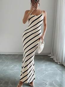 Chiquease 女式超长优雅杏色条纹休闲/工作合身吊带连衣裙
