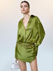 SHEIN LUNE Vestido Mini Elegante de Cetim para Uso Diário das Mulheres - Verde - Visão 3